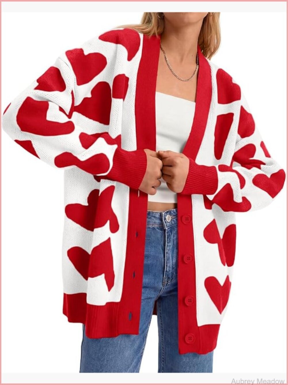 Oversized Heart Print Cardigan Sweater V Neck Button Up Chunky Knit Winter Coat